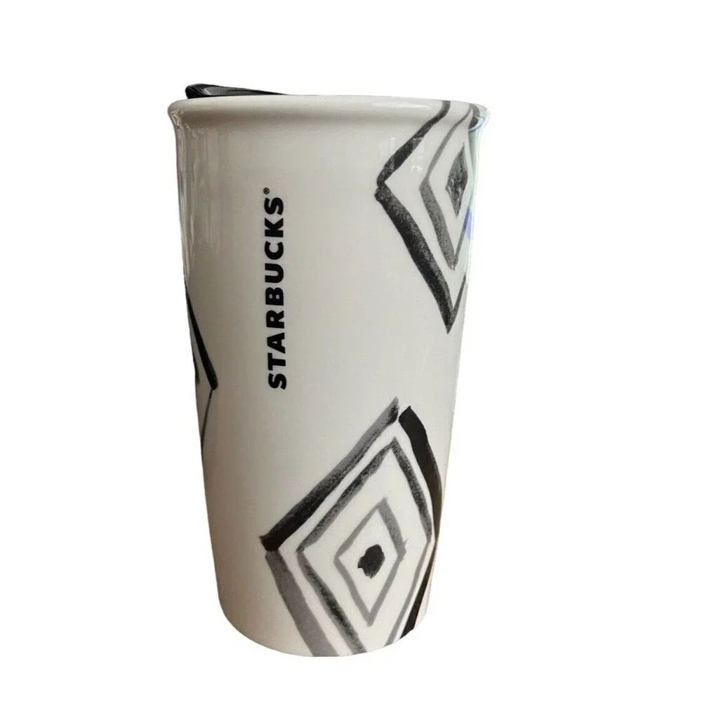 Starbucks Ceramic Tumbler Coffee Mug 2014 Green Dot Diamond 10 oz. Black Lid